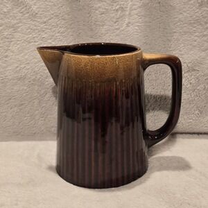 Vintage USA Pottery Brown Drip Glaze Ribbed Ceramic Pitcher Mid Century Modern